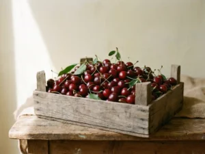 Holzkiste voller glänzend roter Kirschen mit grünen Blättern auf einem rustikalen Markttisch im natürlichen Seitenlicht.