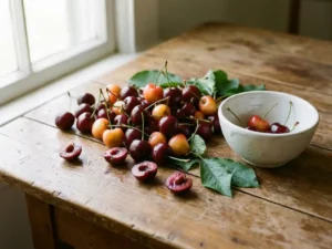 Frische rote und goldene Kirschen mit Stielen auf rustikalem Holztisch neben weißer Keramikschale, einige aufgeplatzt, grüne Blätter dazwischen.