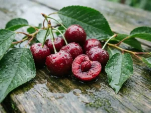 Frische rote Kirschen mit Regentropfen auf verwittertem Holz, eine aufgeplatzte Kirsche zeigt saftiges Inneres, umrahmt von grünen Blättern.