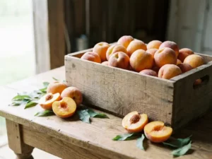 Holzkiste voller reifer Pfirsiche in goldorange Tönen, halbierte Früchte auf rustikalem Eichenholz, weiche natürliche Beleuchtung.