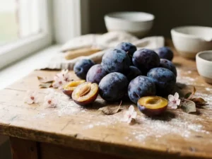 Frische Zwetschgen mit natürlichem Reifbelag, halbiert mit goldgelbem Fruchtfleisch, auf bemehlter Holzfläche mit Pflaumenblüten.