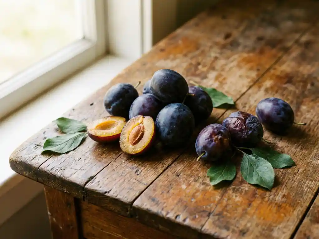Frische violette Pflaumen auf rustikalem Holz, eine aufgeschnitten mit goldenem Fruchtfleisch, grüne Blätter als Kontrast, natürliches Seitenlicht.