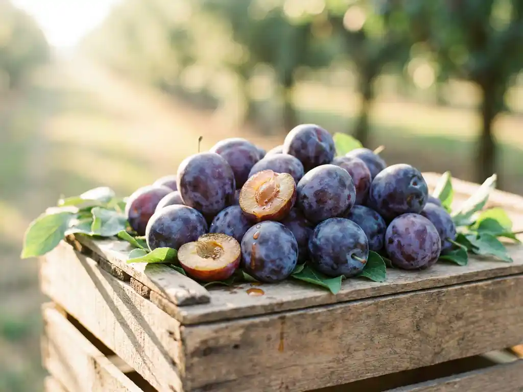 Frisch geerntete violette Pflaumen auf rustikaler Holzkiste, einige aufgeschnitten mit goldenem Fruchtfleisch, im warmen Morgenlicht.
