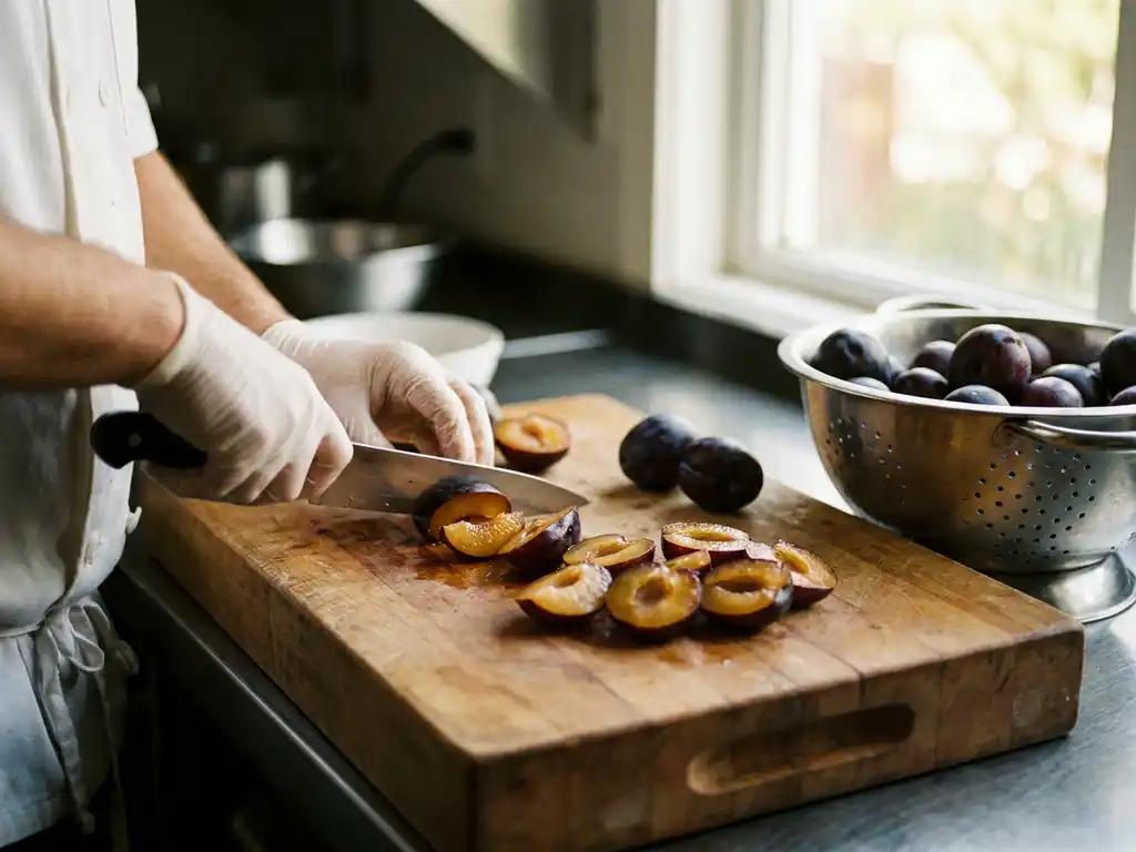 Hände schneiden frische Pflaumen auf Holzbrett, lila Hälften mit goldenem Fruchtfleisch, Sieb und ganze Pflaumen im Hintergrund.