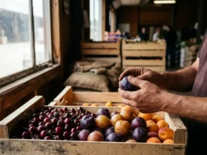 Marktkorb mit reifen Kirschen, Pflaumen und Aprikosen; Händlerhände prüfen eine violette Pflaume im rustikalen Lagerhaus.