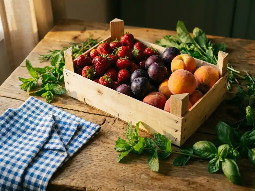 Holzkiste mit frischen Erdbeeren, Pflaumen und Pfirsichen, umgeben von Kräutern auf rustikalem Eichentisch mit bayerischem Leinentuch.