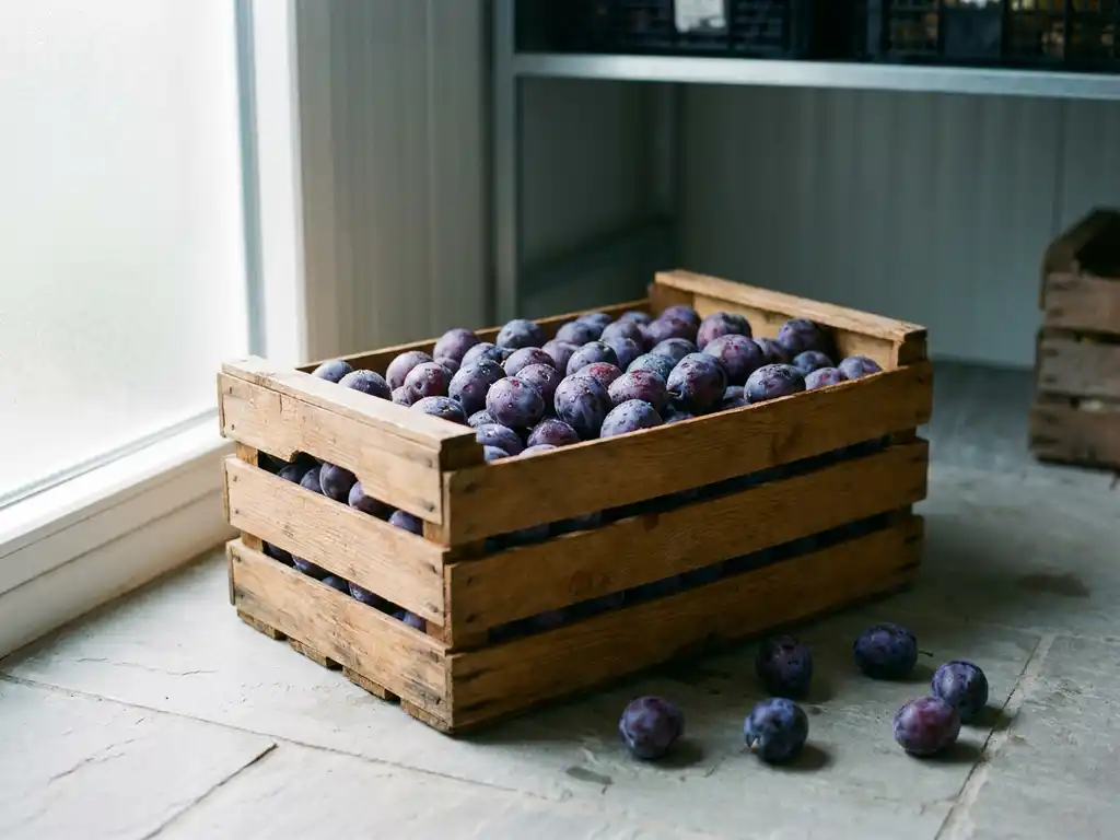 Holzkiste voller glänzender violetter Pflaumen auf grauem Steinboden in kühlem Lagerraum, einige Früchte daneben verstreut.