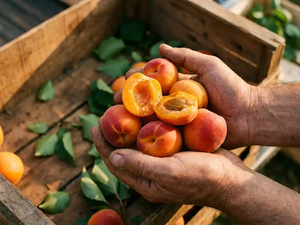 Reife Aprikosen in verwitterten Händen über einer Holzkiste, goldorange mit Rotschimmer, aufgeschnittene Früchte zeigen bernsteinfarbenes Fruchtfleisch.