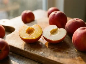 Zwei aufgeschnittene Nektarinen mit goldgelbem und cremeweißem Fruchtfleisch auf rustikalem Holz, glänzende Safttropfen, warmes Seitenlicht.