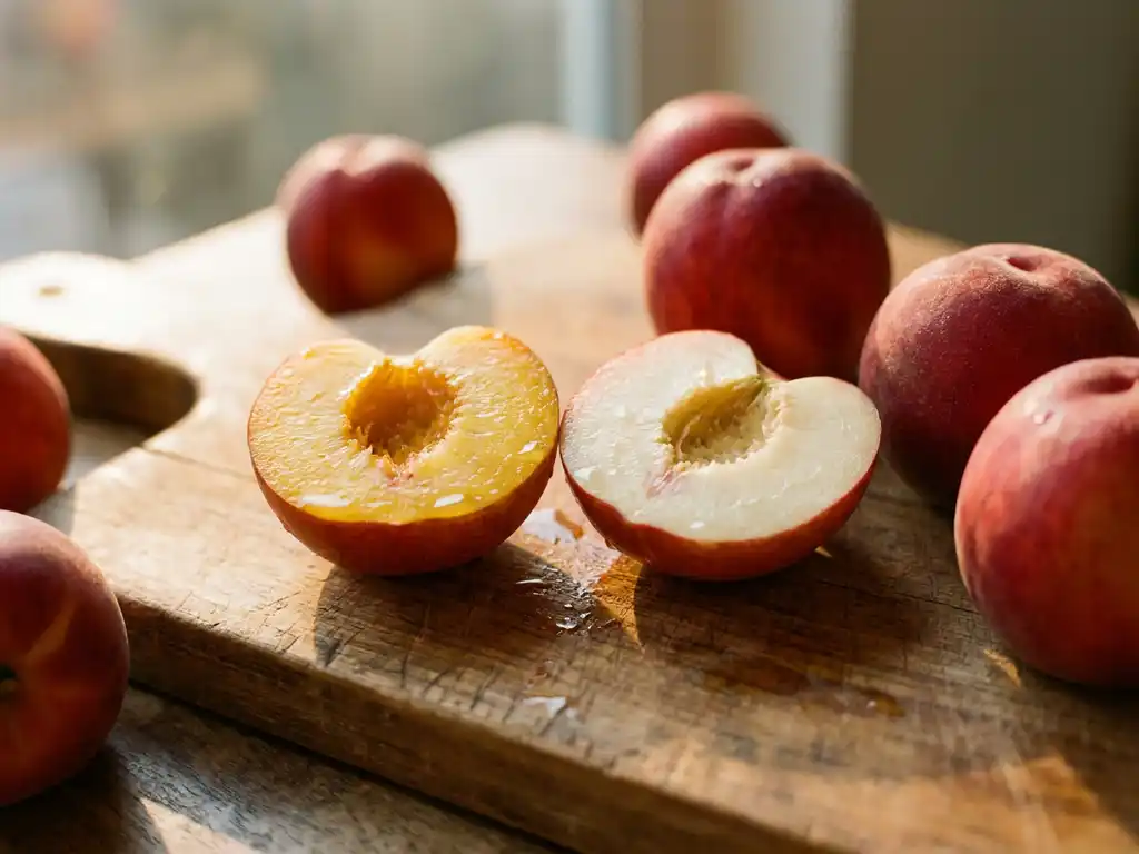 Zwei aufgeschnittene Nektarinen mit goldgelbem und cremeweißem Fruchtfleisch auf rustikalem Holz, glänzende Safttropfen, warmes Seitenlicht.