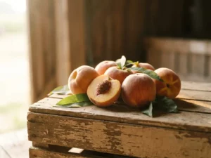 Reife Pfirsiche auf rustikaler Holzkiste, einer aufgeschnitten mit goldenem Fruchtfleisch, grüne Blätter, weiches Morgenlicht.