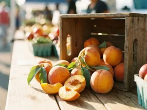 Reife goldene Pfirsiche fallen aus einer rustikalen Holzkiste auf einen Marktstand, mit grünen Blättern und aufgeschnittenen Früchten im Sonnenlicht.