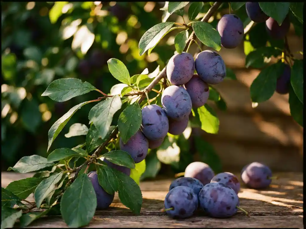 Reife, dunkelviolette Pflaumen am sonnenbeschienenen Ast mit frisch gepflückten Früchten auf rustikalem Holzuntergrund.