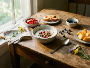 Rustikaler Holztisch mit Erdbeeren, Pfirsichen, Blaubeeren und Melone um eine Schüssel Joghurt im Morgenlicht.