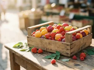 Holzkiste voller Sommerfrüchte – Erdbeeren, Aprikosen, Pflaumen und Himbeeren – auf einem rustikalen Marktstand im warmen Sonnenlicht.
