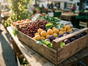 Holzkiste voller reifer Steinfrüchte — Kirschen, Aprikosen und Pflaumen — auf einem rustikalen Marktstand im warmen Sommerlicht.