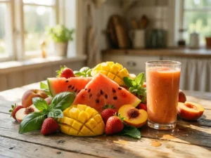 Aufgeschnittene Wassermelone, Mangos, Erdbeeren und Pfirsiche auf verwittertem Holz neben einem Smoothie-Glas im Sonnenlicht.