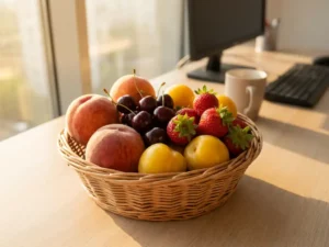 Weidenkorb mit Sommerfrüchten – Pfirsichen, Kirschen, Erdbeeren und gelben Pflaumen – auf einem Büroschreibtisch im warmen Sonnenlicht.