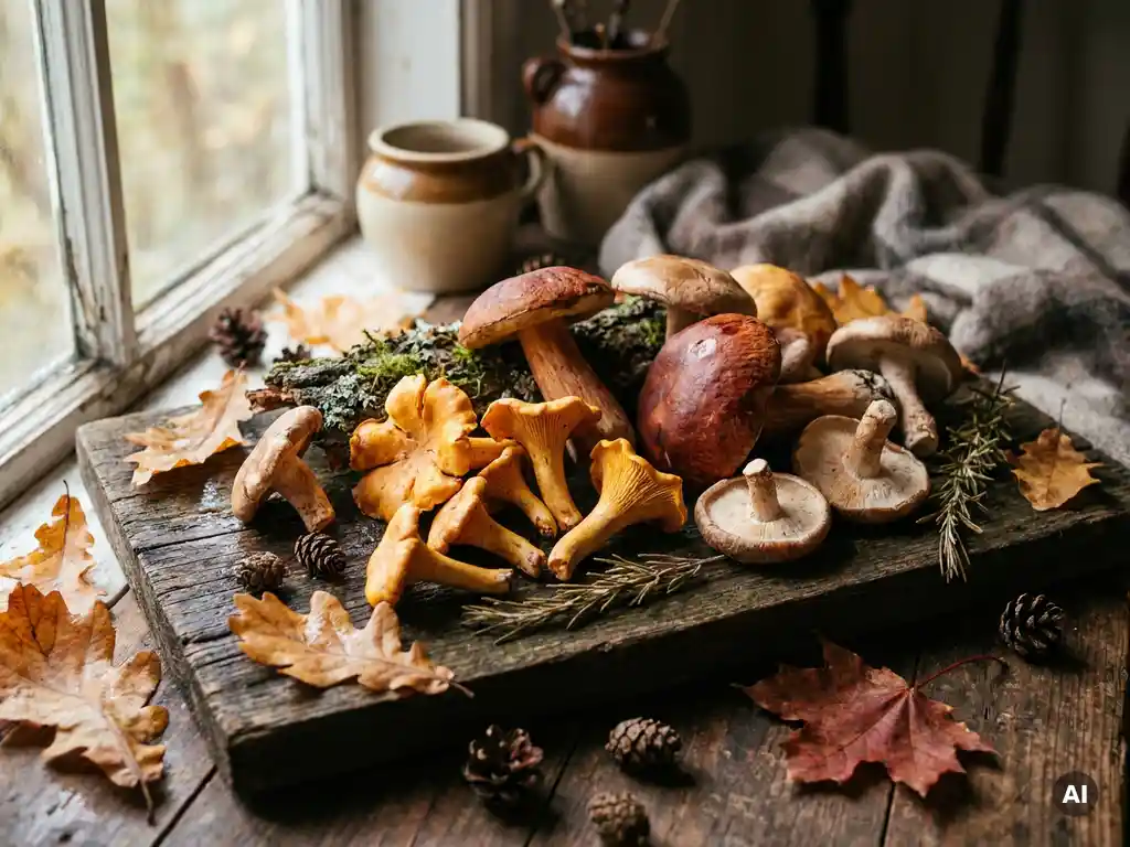 Frische Pfifferlinge, Steinpilze und Shiitake auf einem rustikalen Holzbrett mit Herbstblättern, Rosmarinzweigen und Tannenzapfen.