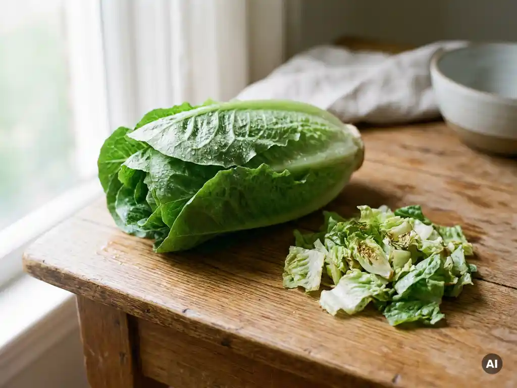 Ganzer Kopfsalat mit Wassertropfen auf rustikalem Holz neben frisch geschnittenen, leicht welken Salatblättern im Seitenlicht.
