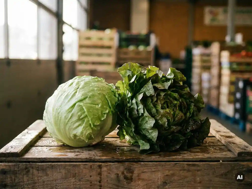 Butterhead-Salat und frisch geschnittener Blattsalat mit Wassertropfen auf einer verwitterten Holzkiste im natürlichen Seitenlicht.