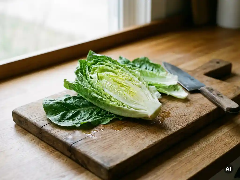 Frisch geschnittener Römersalat auf rustikalem Holzbrett mit Küchenmesser, glänzende hellgrüne Blätter im natürlichen Seitenlicht.