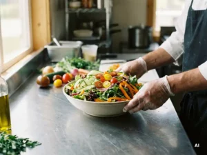 Profikoch arrangiert bunten gemischten Salat mit Kirschtomaten, Gurken und Paprika in großer Edelstahlschüssel.