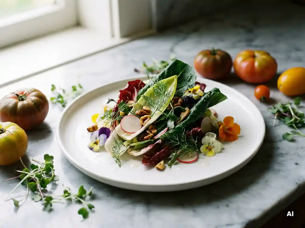 Fein angerichteter Salat auf weißem Keramikteller mit Heirloom-Tomaten, essbaren Blüten und Microgreens auf Marmor.