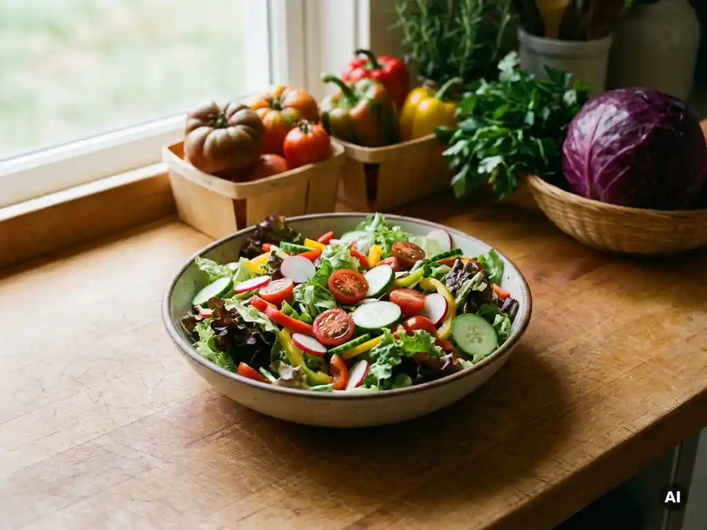 Bunter Salat mit gemischten Blättern, Kirschtomaten und frischem Gemüse in einer Schüssel auf einem Küchentresen.