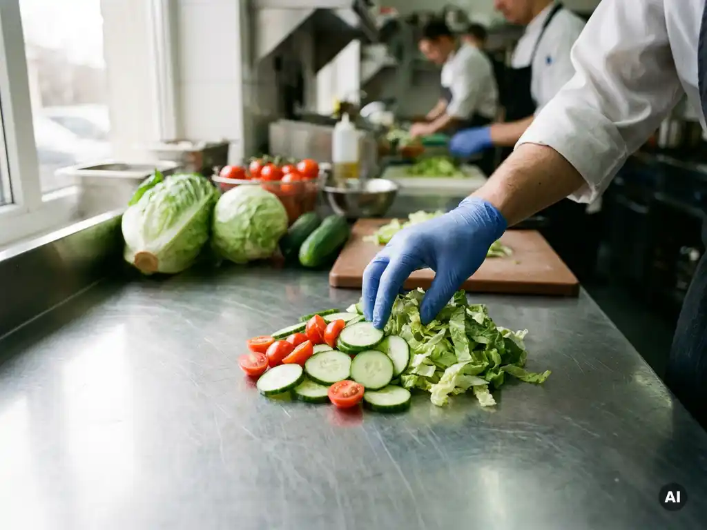 Kochhand legt frisch geschnittene Salatgemüse auf Edelstahl-Arbeitsfläche in Restaurantküche, mit Gurken, Tomaten und Salat.