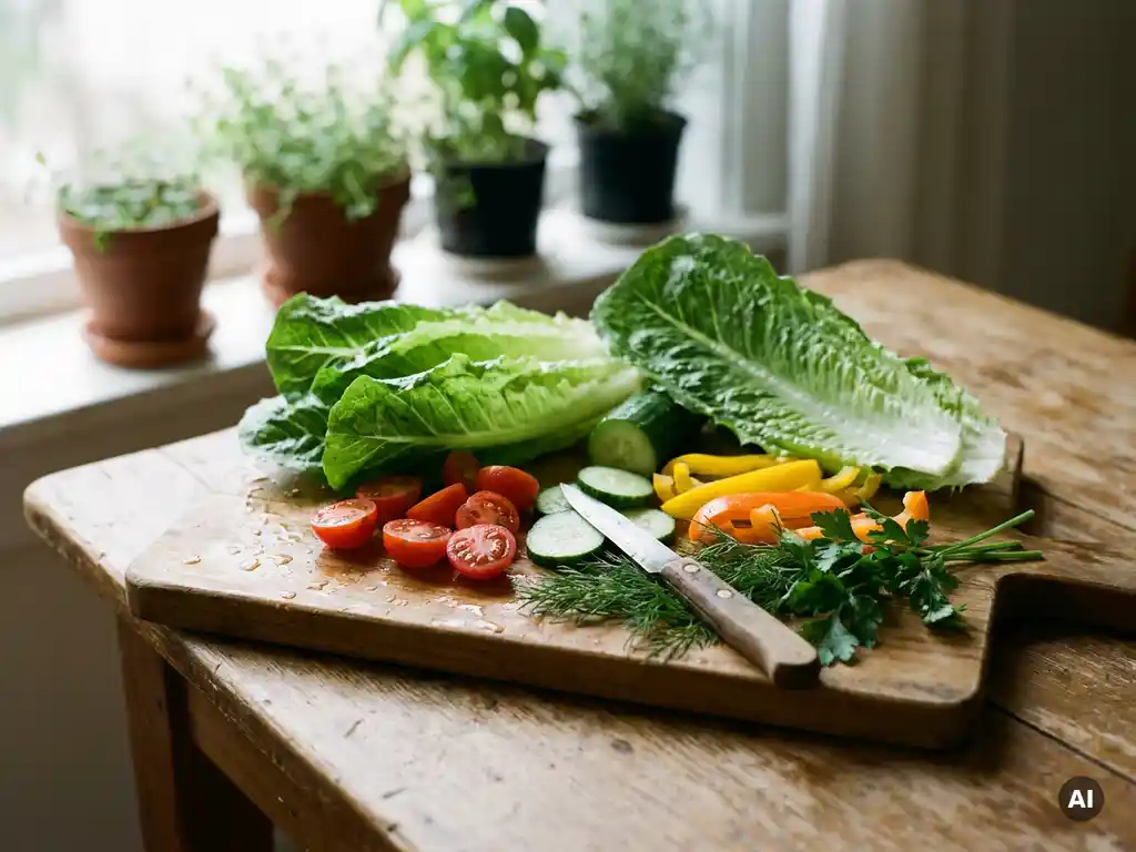 Holzbrett mit frischem Salat-Gemüse: Romanasalat, Kirschtomaten, Gurkenscheiben und Paprikastreifen im natürlichen Tageslicht.
