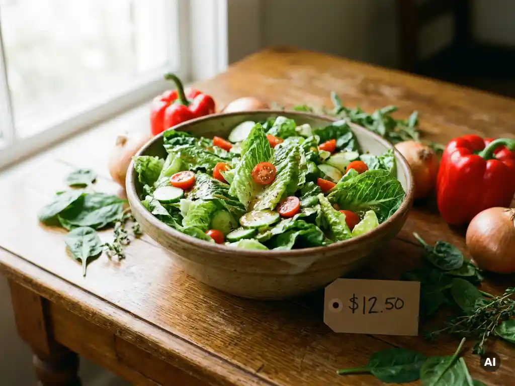 Frischer Salat mit Romanasalat, Kirschtomaten und Gurken in rustikaler Keramikschüssel auf Holztisch mit handgeschriebenem Preisschild.