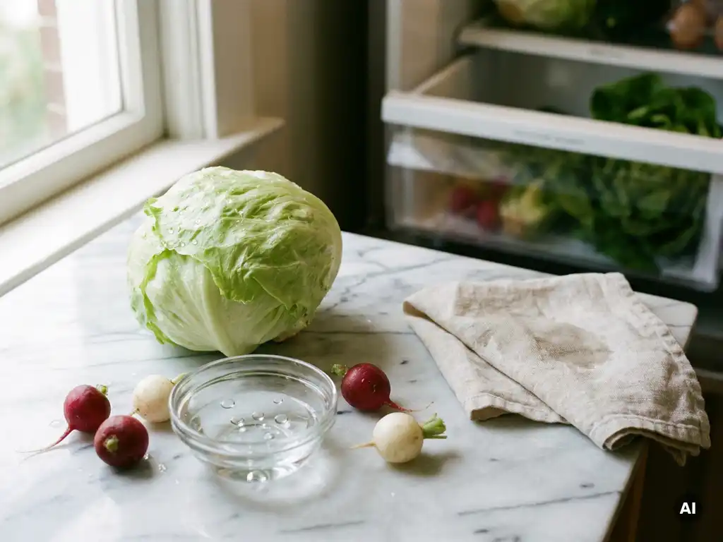 Frischer Kopfsalat auf Marmoroberfläche neben Schüssel mit Wassertropfen und ganzen Radieschen im natürlichen Seitenlicht.