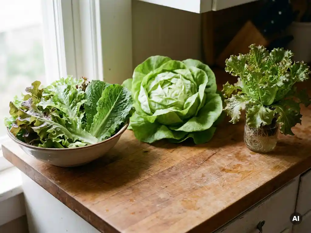 Drei Salatsorten auf rustikalem Holzbrett: geschnittene Salatblätter, Kopfsalat und Schnittsalat mit Wurzeln, Wassertropfen glänzen im Tageslicht.