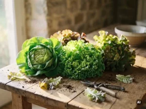 Drei frische Salatsorten – Buttersalat, Schnittsalat und Blattsalat – auf rustikalem Holztisch im sanften Morgenlicht.