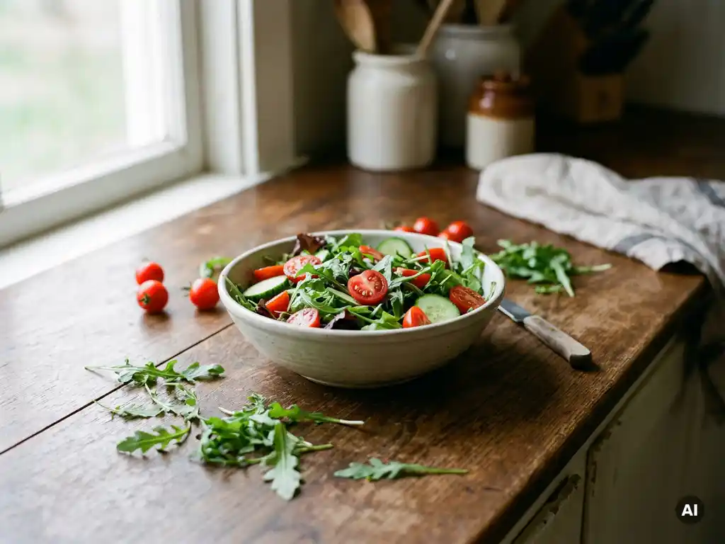 Frischer Salat mit Kirschtomaten und Gurkenscheiben in einer Schüssel auf rustikalem Holztisch im natürlichen Tageslicht.