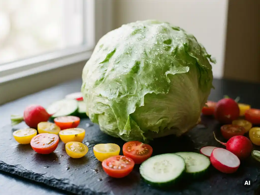 Frischer Salatkopf mit Kirschtomaten, Gurkenscheiben und Radieschen auf Steinuntergrund, Wassertropfen auf den Blättern, natürliches Seitenlicht.