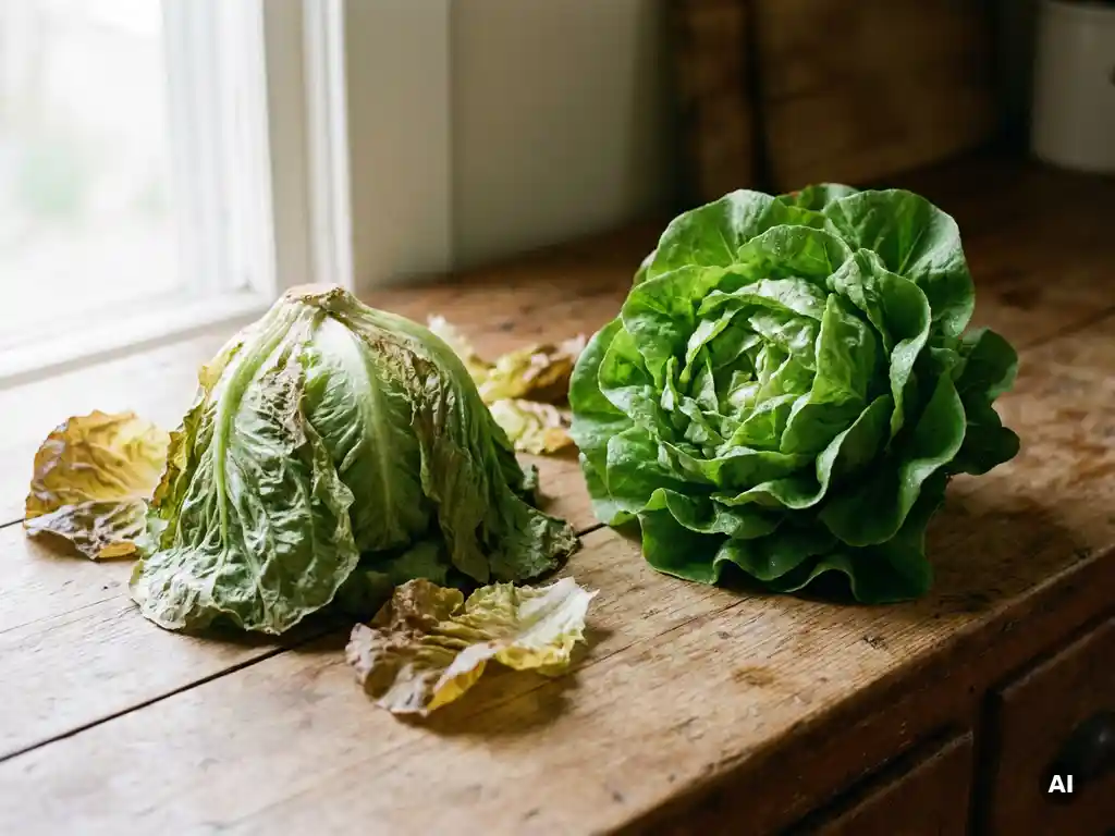 Welker und frischer Salatkopf nebeneinander auf Holzoberfläche, umgeben von welken Blättern im Nahaufnahme-Vergleich.