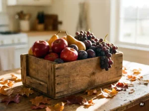 Rustikale Holzkiste mit Herbstfrüchten — roten Äpfeln, goldenen Birnen, Pflaumen und Weintrauben — auf einem Farmhaustisch mit Herbstblättern im warmen Abendlicht.