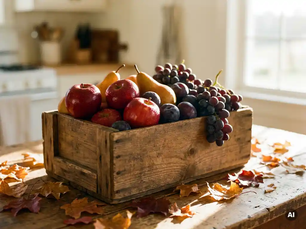 Rustikale Holzkiste mit Herbstfrüchten — roten Äpfeln, goldenen Birnen, Pflaumen und Weintrauben — auf einem Farmhaustisch mit Herbstblättern im warmen Abendlicht.
