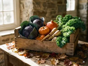 Rustikale Holzkiste mit frischem Herbstgemüse: lila Rotkohl, orangefarbene Kürbisse, Pastinaken und Grünkohl auf verwittertem Bauernhaustisch.