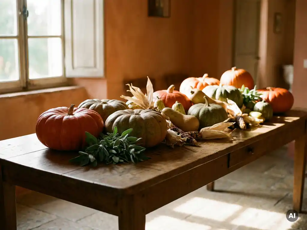Rustikaler Holztisch mit orangefarbenen und grünen Kürbissen, Herbstkürbissen, Salbei und Maiskolben im warmen Herbstlicht.