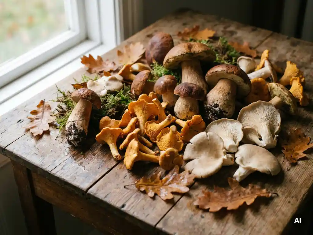 Frische Herbstpilze – Pfifferlinge, Steinpilze und Austernpilze – auf verwittertem Holz mit Eichenlaub und Waldmoos.