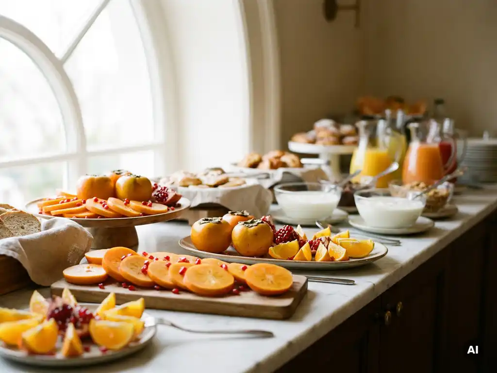 Aufgeschnittene Sharon-Früchte mit orangefarbenem Fruchtfleisch, Granatapfelkerne und Zitrusscheiben auf weißem Marmor beim Hotelfrühstücksbuffet.