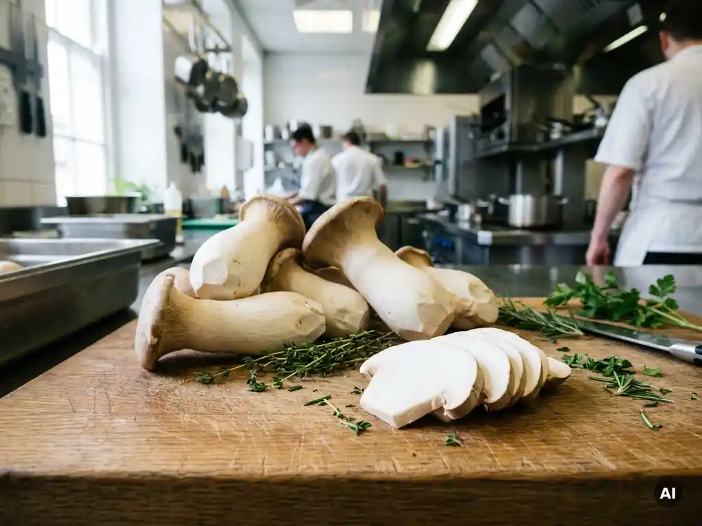Frische Kräuterseitlinge auf einem Holzbrett, einer aufgeschnitten mit weißem Fleisch, frische Kräuter daneben, natürliches Seitenlicht.