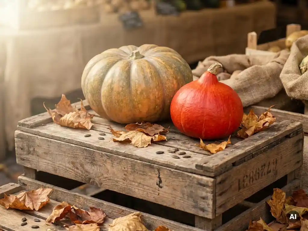 Muscat- und Hokkaido-Kürbis auf verwitterter Holzkiste mit Herbstblättern und Kernen im warmen Seitenlicht.