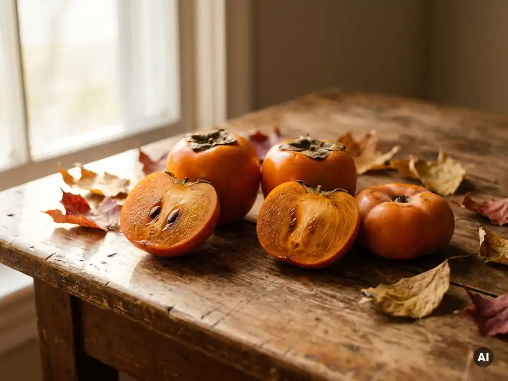 Reife Persimone und Sharon-Frucht auf rustikalem Holz, eine aufgeschnitten mit orangefarbenem Fruchtfleisch, Herbstblätter, natürliches Licht.