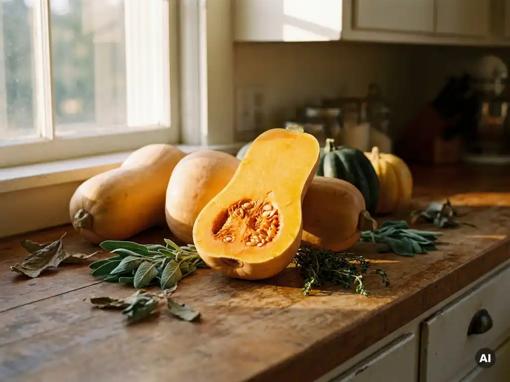 Halbierter Butternut-Kürbis mit leuchtendem orangefarbenem Fruchtfleisch auf rustikalem Holztisch, umgeben von ganzen Kürbissen und Herbstkräutern.