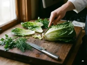 Köchin trimmt frischen Römersalat auf einem Holzschneidebrett mit Kräuterzweigen und Edelstahlmesser im weichen Tageslicht.