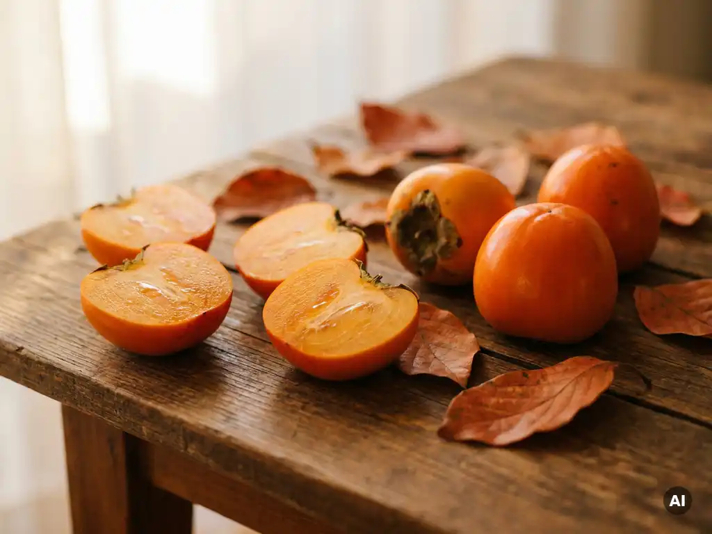 Aufgeschnittene Sharon-Früchte mit leuchtendem orangefarbenem Fruchtfleisch auf rustikalem Holzuntergrund, umgeben von Herbstblättern.